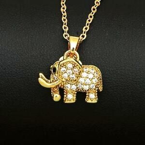 Stainless Steel Elephant Pendant Necklace in Gold Tones and embedded Zirconia